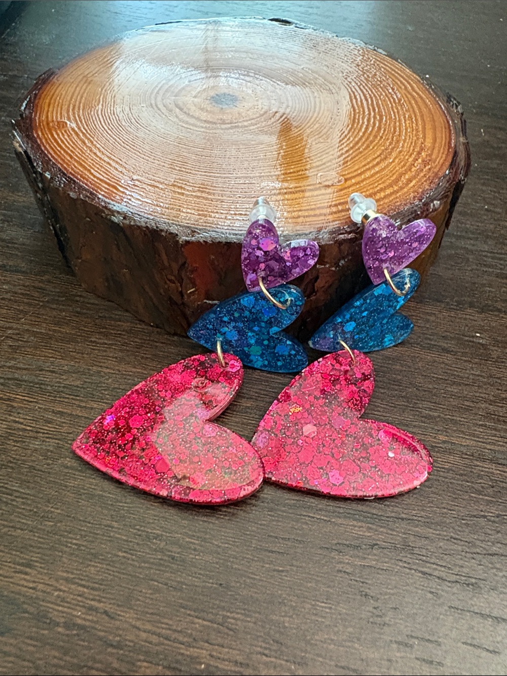 Handmade Triple Heart Glitter Drop Earrings in Pink, Blue & Purple